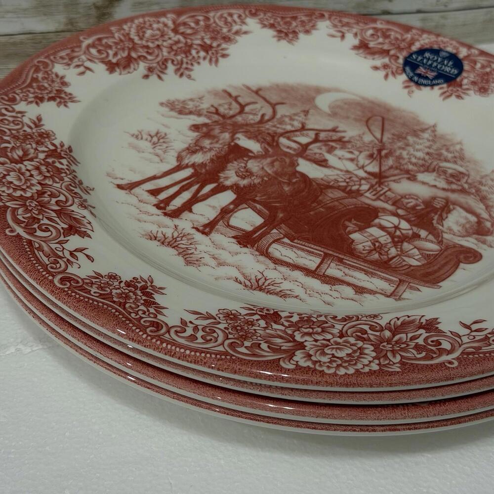 Royal Stafford Santa’s Sleigh Red Christmas Salad Plates 8” Set of 4 - Picture 5 of 6